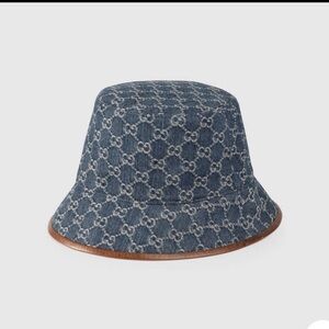 Gucci Bucket Hat Blue Denim Beige GG Monogram Logo Leather Trim